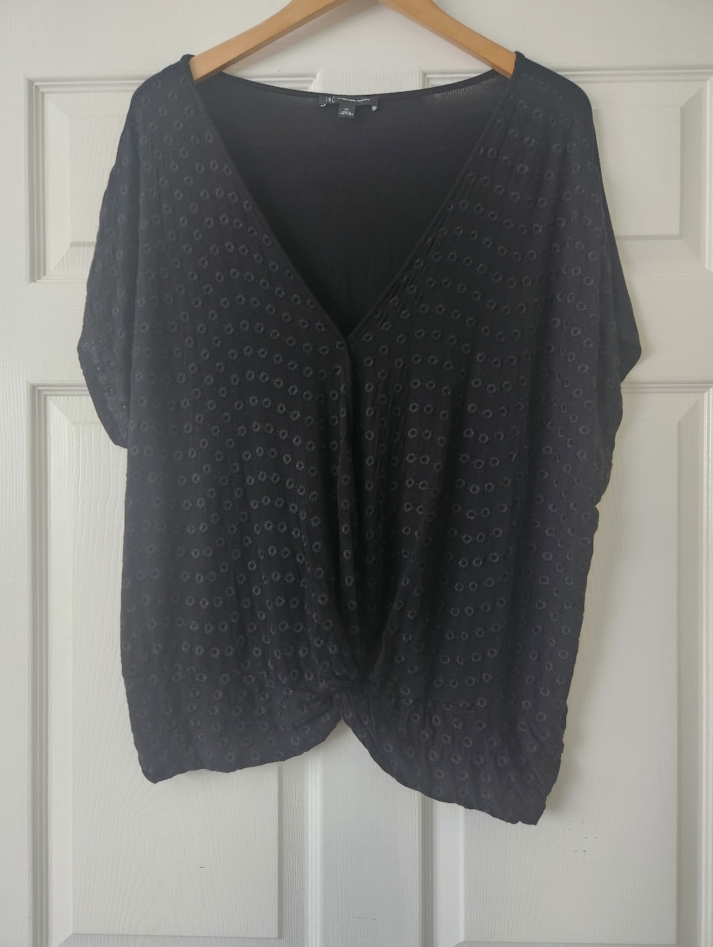 INC International Concepts Black V-Neck Twist Front Dot Textured Top - Women's2X